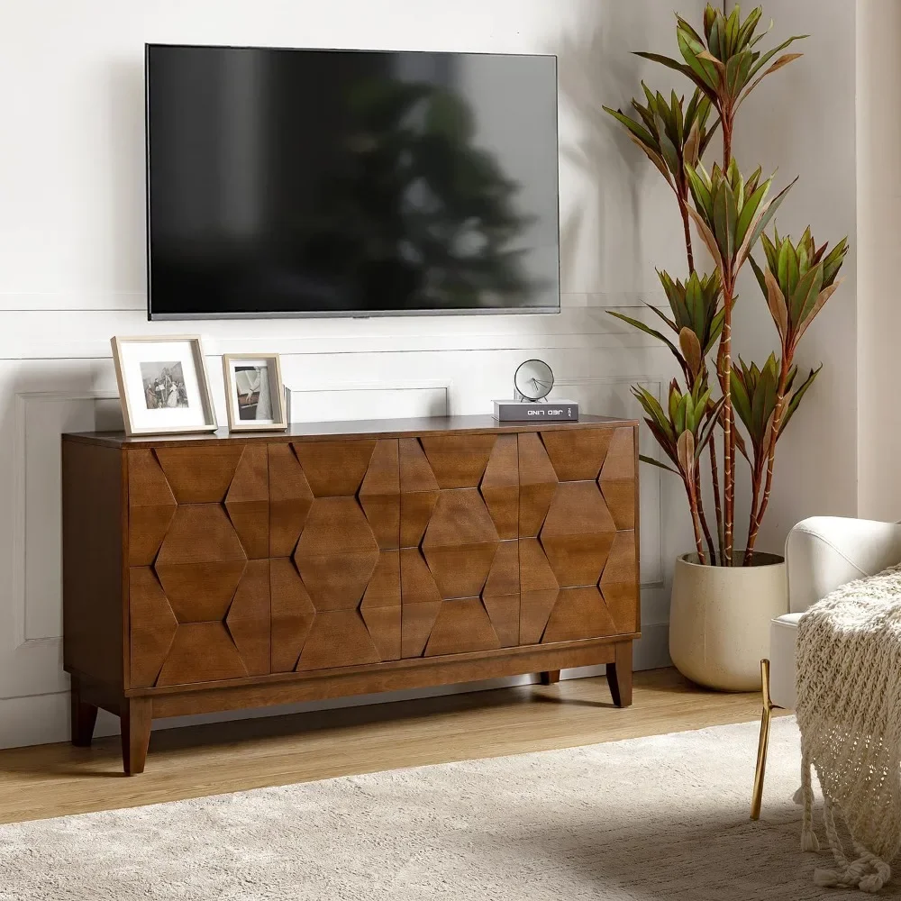 Sideboard Cabinet with Solid Wood Legs,Storage Cabinet with 4 Doors and 2 Shelves, Accent Console Table, Walnut