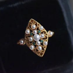 Vintage Style Lace Pearl Green Crystal Rings for Women Fashion Exquisite Stainless Steel Finger Joint Ring Jewelry Accessories