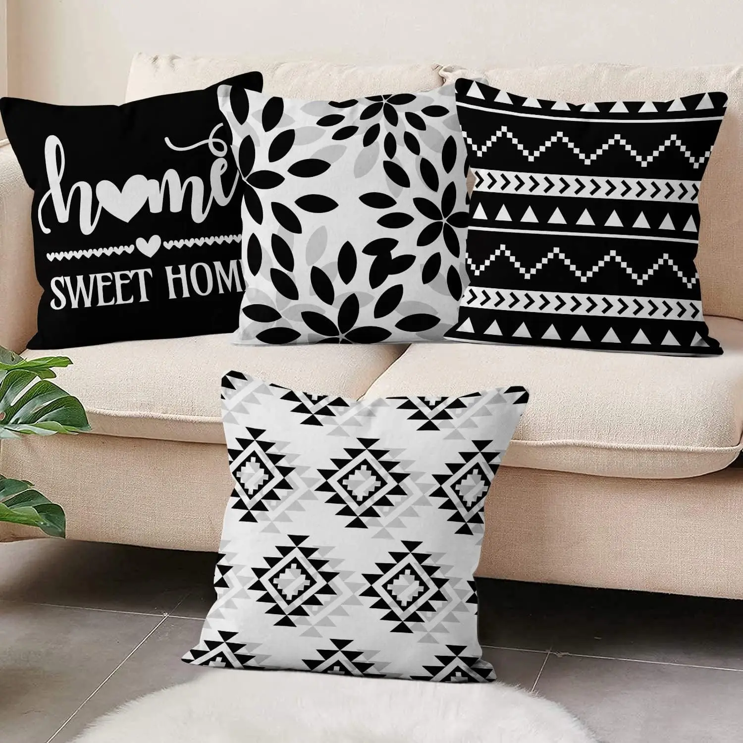 4pcs Black White Modern Home Sweet Home Printed Pillow Cover Polyester Cushion Case 2D Flat Decor Now