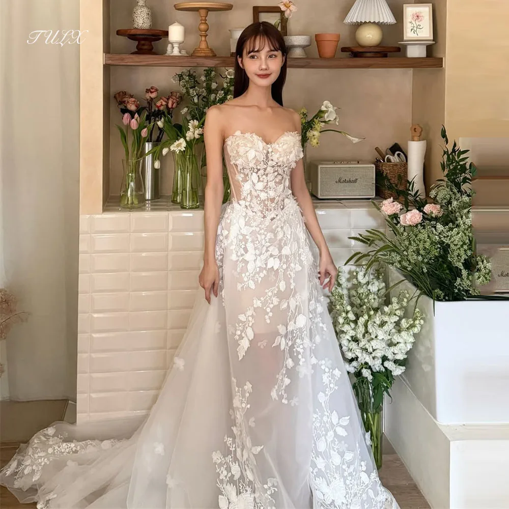 TULX 高級アイボリーレース A ラインロングウェディングドレス韓国写真撮影セクシーな恋人ブライダルドレスコルセットカスタマイズ 웨딩드레스