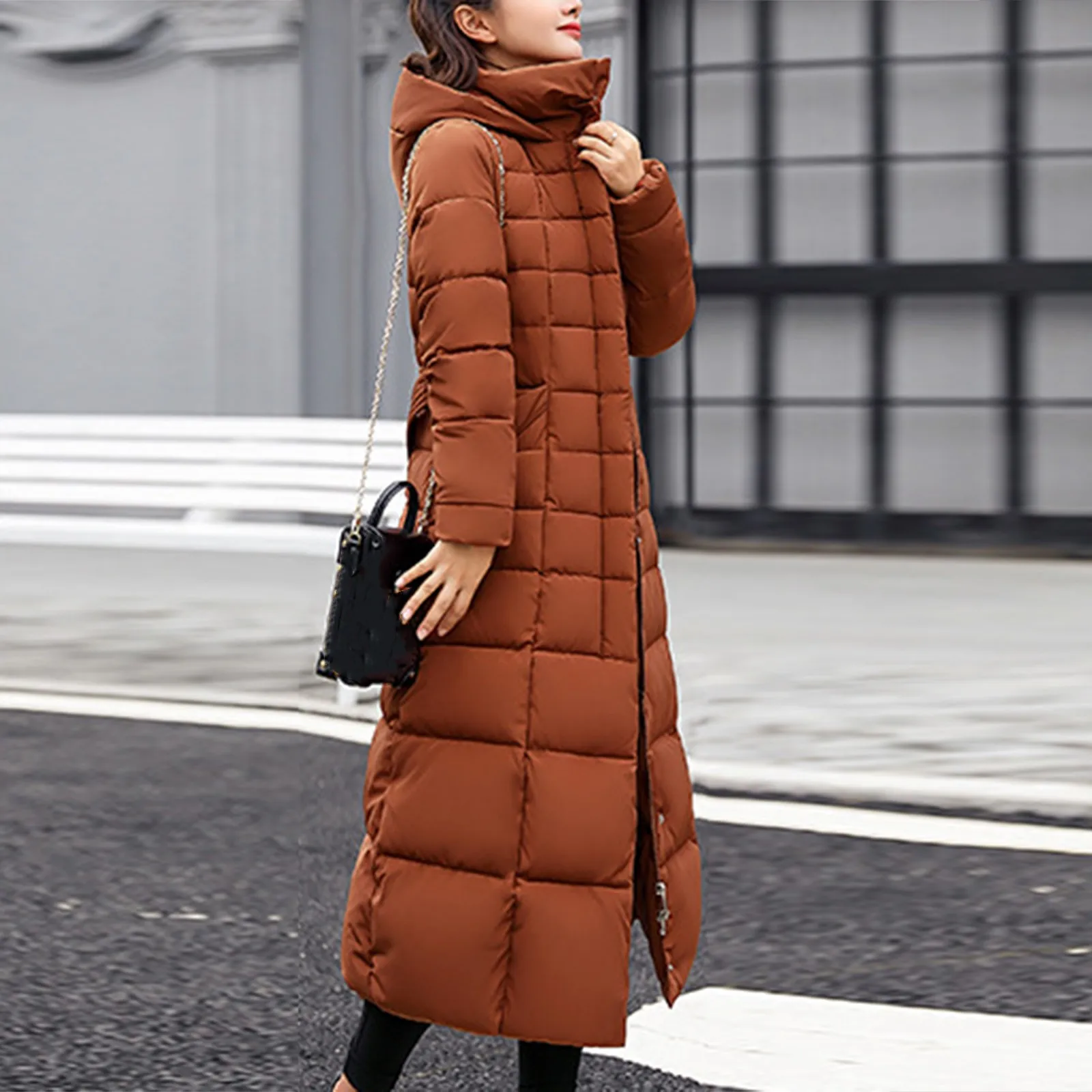 Kobiety Ciepła kurtka puchowa 2024 Winter Solid Color Pocket Long Hooded Parkas Female Plus Size Slim Puffer Overcoat пуховик женский