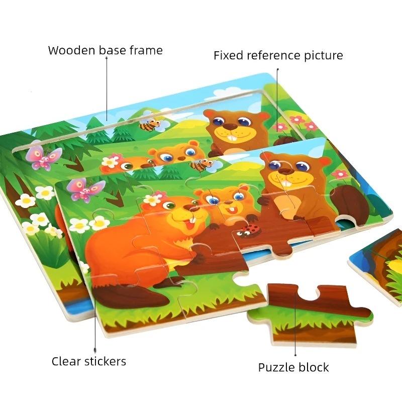 15*11cm 몬테소리 나무 3D 퍼즐 만화 동물 지능 퍼즐 게임 어린이를위한 조기 학습 교육 장난감