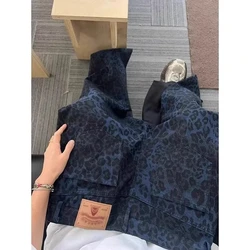 Pantalones vaqueros holgados de cintura alta para mujer, Jeans rectos con estampado de leopardo azul Y2K, informales, de pierna ancha, de calle Americana, de verano