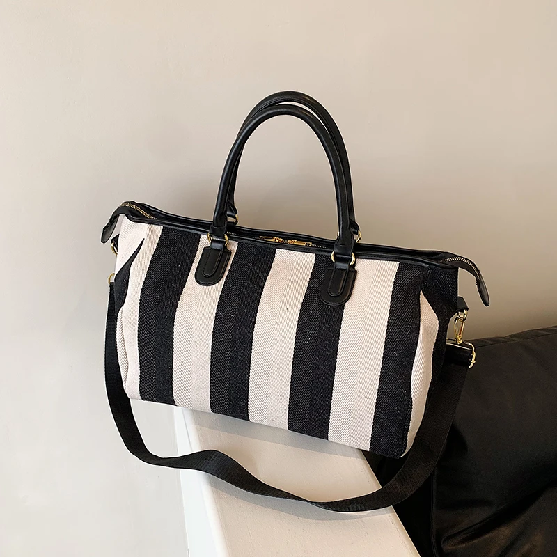 Black and White Stripes Canvas Hand and Shoulder Bag High Quality Large Capacity Casual Tote for Women 2024 New Style Travel Bag