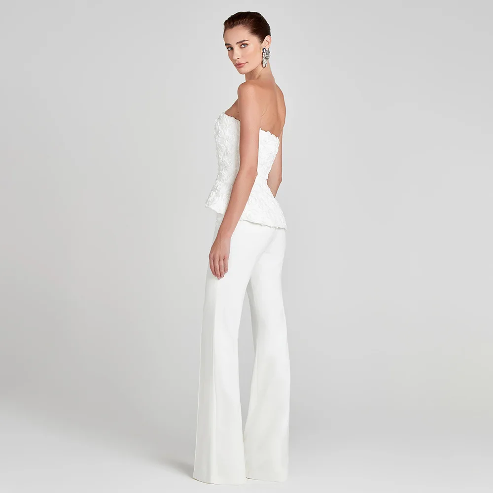 

Trendy 3D Petal White Two Piece Set Strapless Backless Bustier Top and Straight Leg Pants for Graduation Cocktail Party Concerts