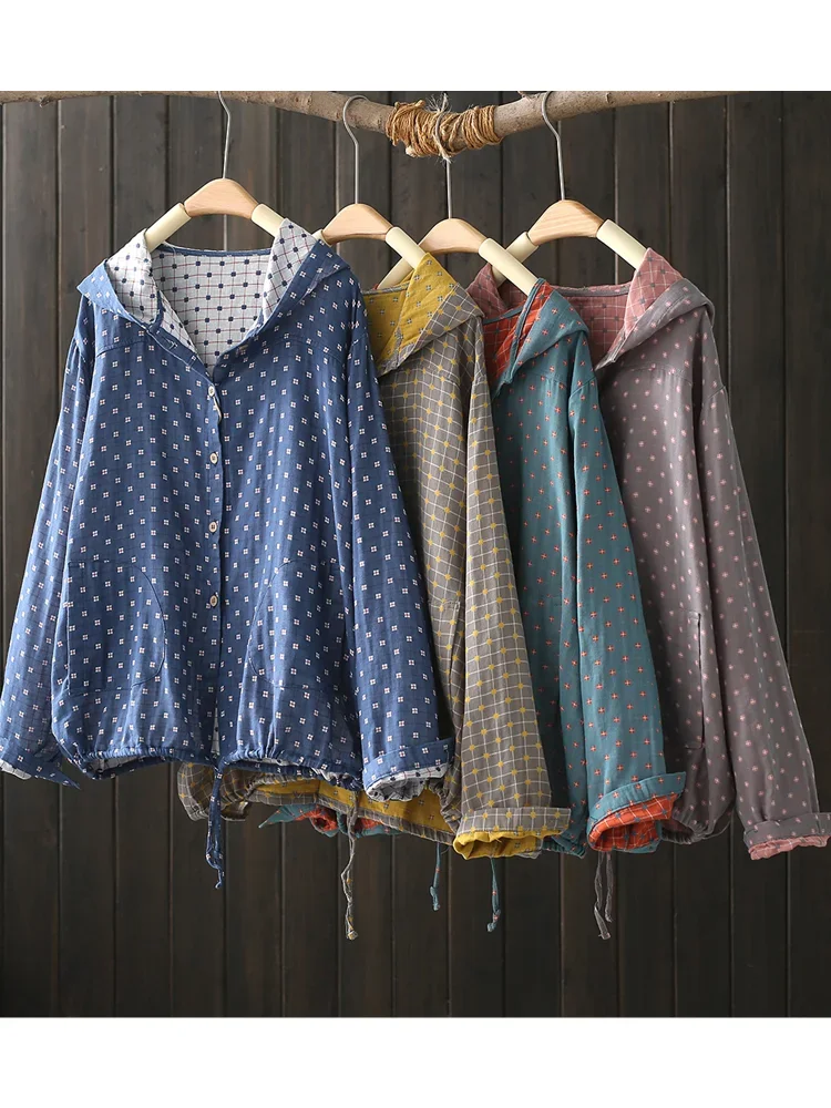 Vintage Polka Dots Pattern Double Layers Cotton Yarn Long Sleeve Hooded Cardigan Shirt Blouse