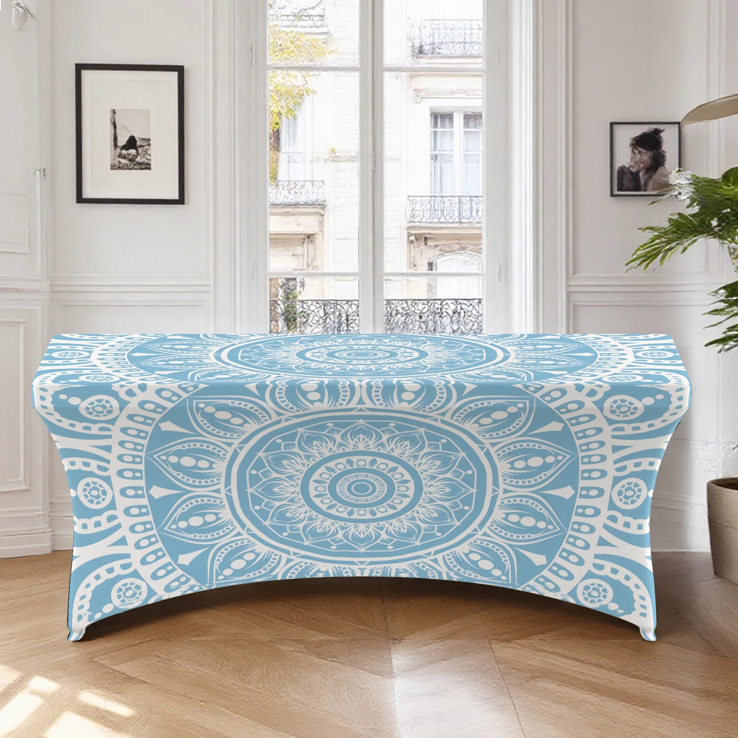 1pc All-inclusive tablecloth,Light Blue Mandala Stretch Table Cover,Suitable for kitchen parties