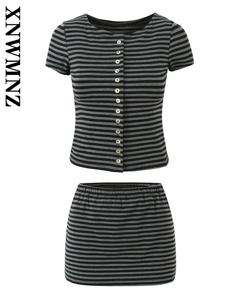 

XNWMNZ 2026 Summer Woman Commuting Vintage Short Sleeve Print Top Fashion Holiday Lady O-Collar Casual Thin Bodycon Wrap Skirt
