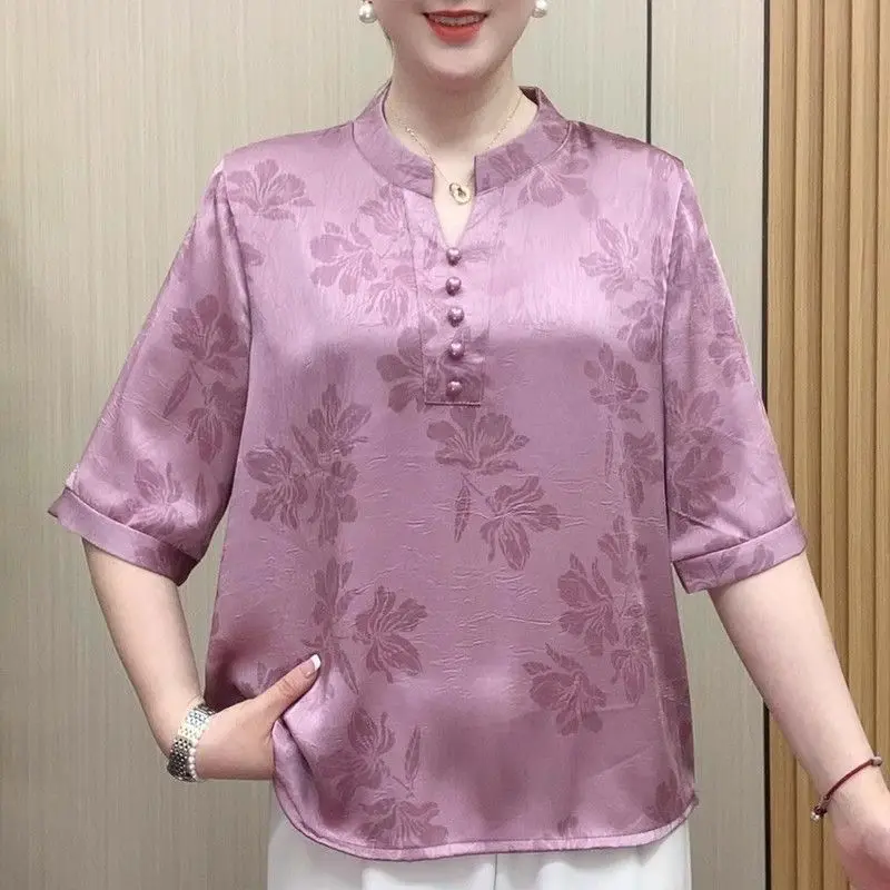 5XL Large Size Women T-Shirt Tops 2026 New Summer Fashion Printed Shirts Middle-aged Elderly Mother Thin Jacquard Blouse Tees