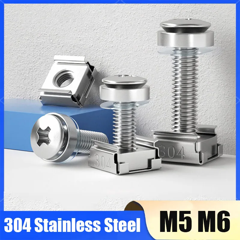 M5 M6 304 Stainless Steel Cabinet Screw For Network Storage Server Chassis Caged Nut Screws Washer Rack Bolt Mount Clip Nuts