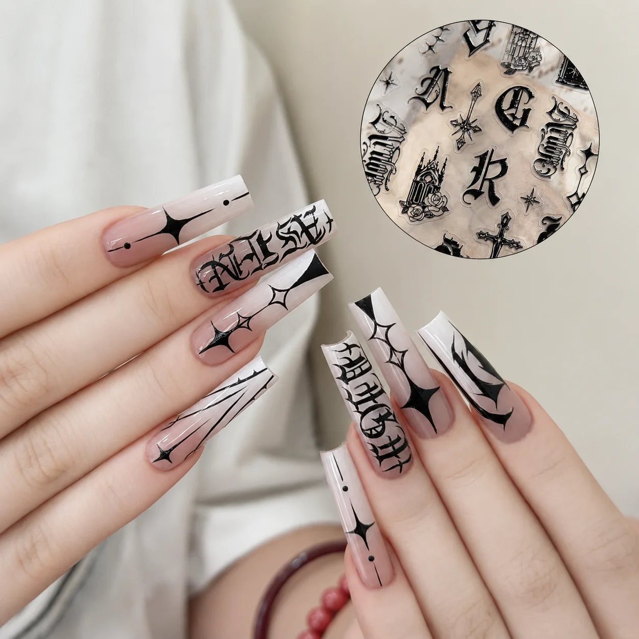1 pcs Gothic Letter Cross Rose Nail Stickers Black Silver 5D Embossed Old English Nail Art Decals Manicure