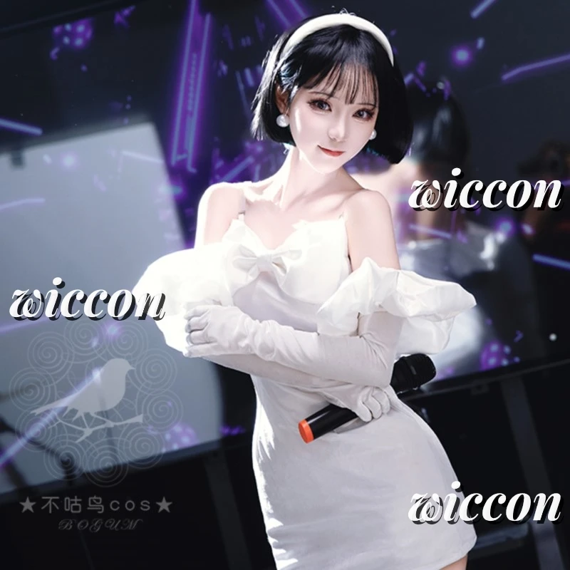 Sua Cosplay Costume Wig Anime Alien Stage Cosplay Costume Microphone White Dress Earrings Short Black Wig Sua Cosplay Clothing