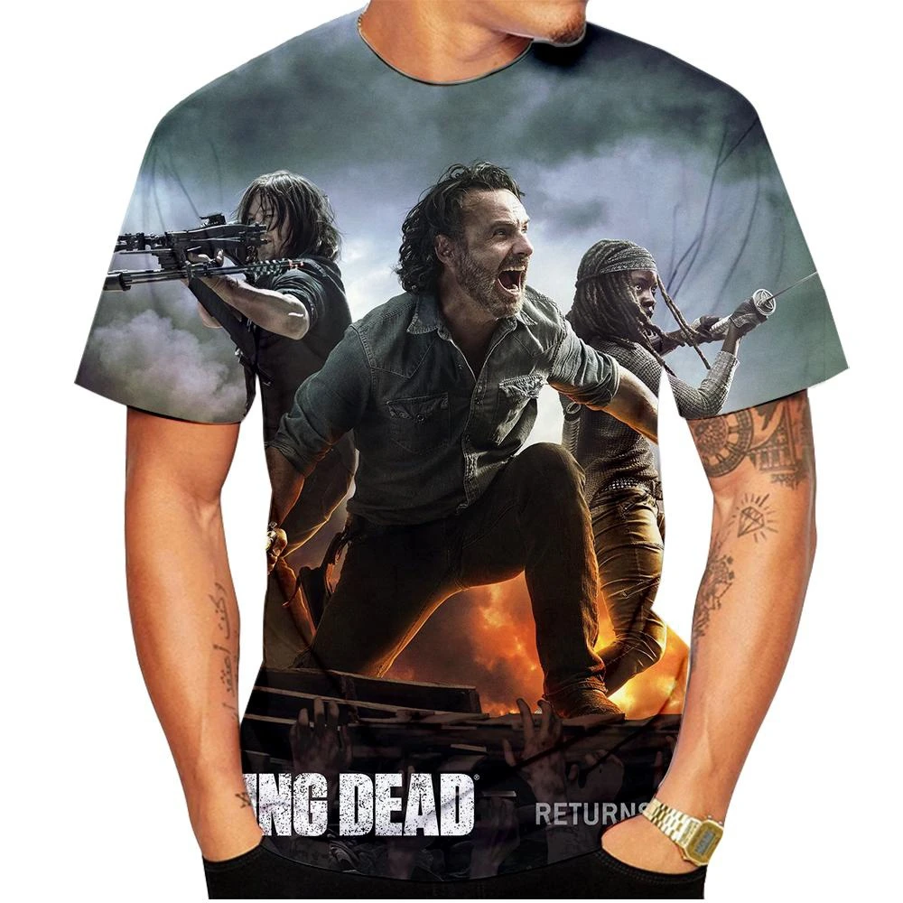 3d Tshirts For Men Vintage Oil T-shirt Street Fashion The Walking Dead Printed Short-sleeved Loose Oversized Motorcycle T-shirt