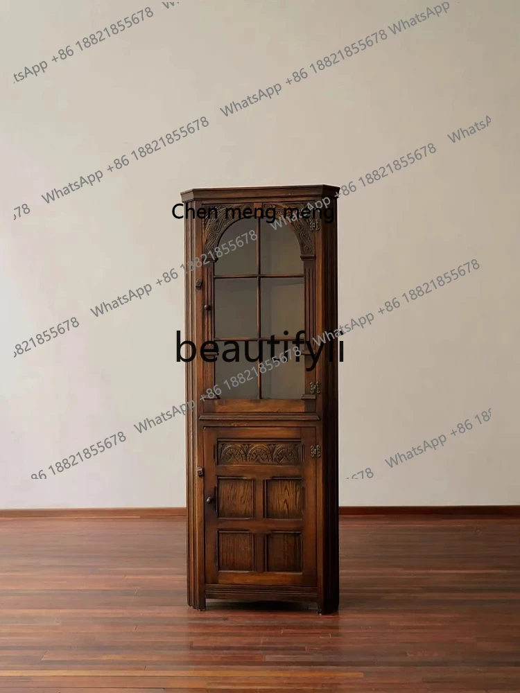 Solid wood, glass door carved side cabinet French triangular storage cabinetH