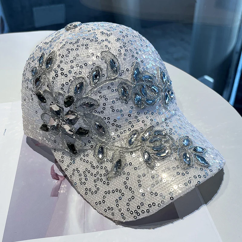 Women Summer Mesh Baseball Cap Shiny Rhinestone Flower Sun Visor Hat For Ladies Glitter Sequins Breathable Sunscreen Caps