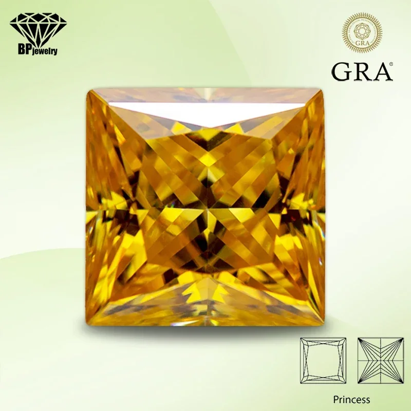 

Moissanite Stone Golden Yellow Color Princess Cut Gemstone Lab Created Heat Diamond for DIY Jewelry Making with GRA Certificate