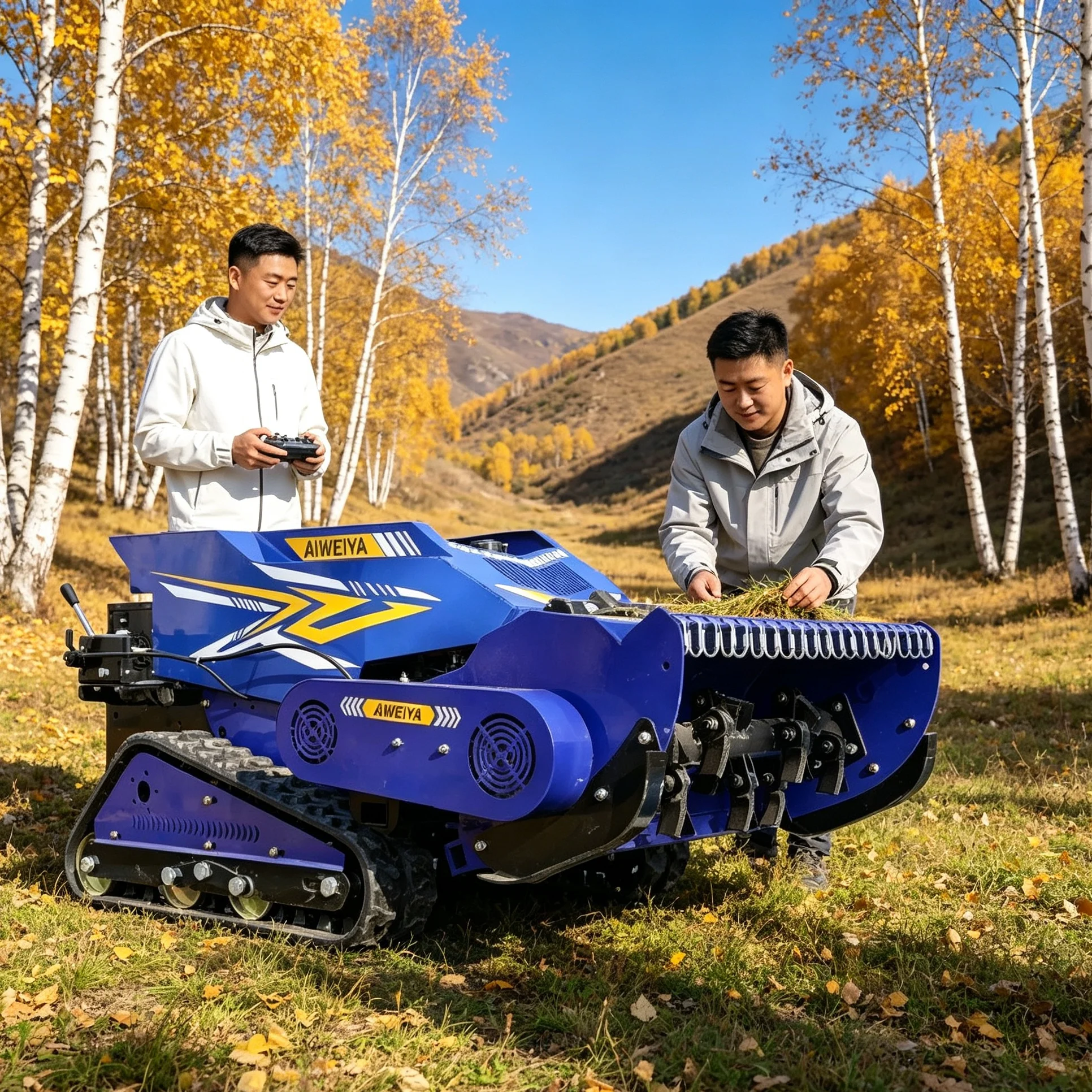 Customized expandable storage rack for tools, swing blade lawn mower adapts thick overgrown grass on open pasture land