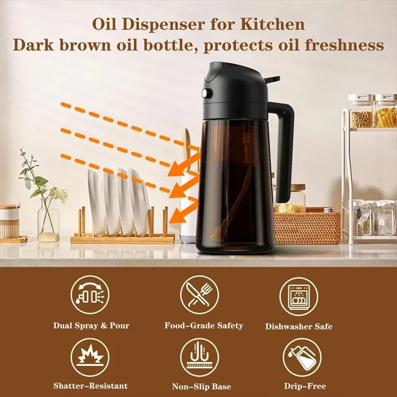 470ml Olive Oil Dispenser, Cooking Sprayer 2-in-1 Spray and Pour, Leak-Proof Eco-Friendly Thick Glass Spray Bottle for Cooking