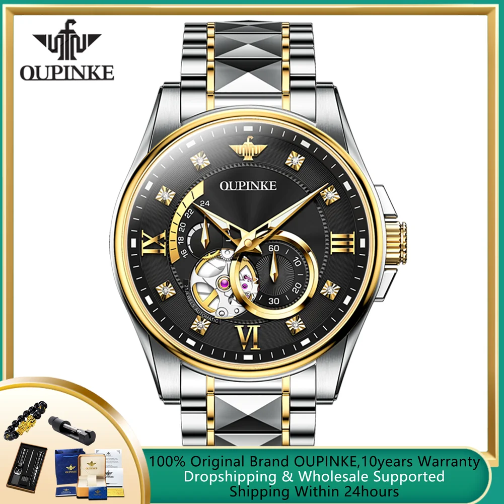 

OUPINKE Original Automatic Watch for Men Top Luxury Imported Mechancial Movement Skeleton Flywheel Chronograph Men's Wristwatch