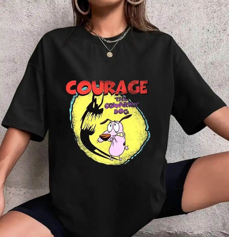 Courage The Cowardly Dog T-Shirt Vintage Cartoon Men Women Oversized Streetwear Short Sleeve Cotton High Quality Female Male Tee