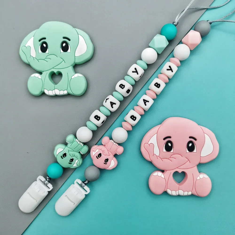 Clips de tétine en forme d'éléphant pour bébé, lettres personnalisées, laisse à mâcher, supports en os, cadeaux créatifs