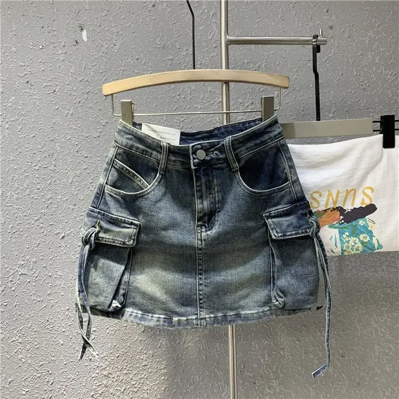 Summer Fashion Sexy A-line Skirt Multiple Pockets Harajuku Denim Mini Skirt Washed Elastic Waist Womens Vintage Y2k Streetwear