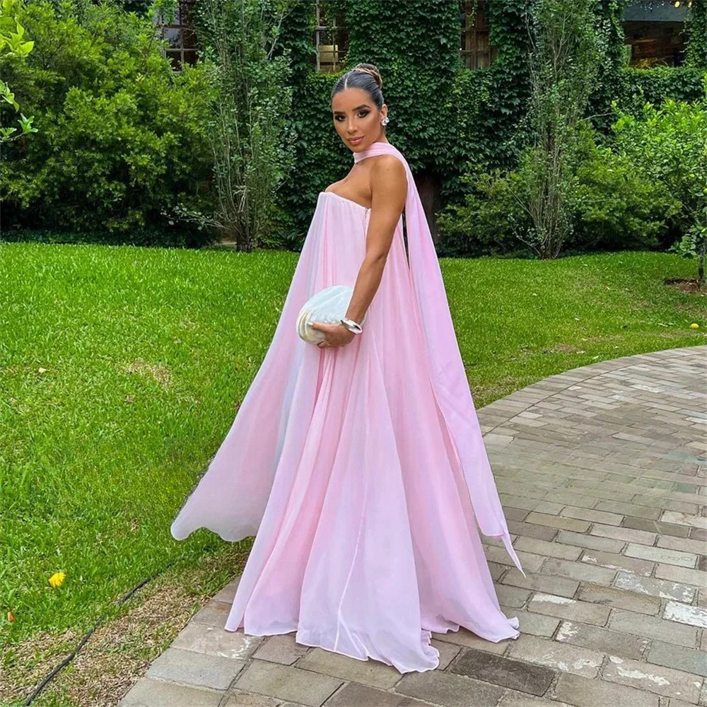 Sansa Elegant Pink Strapless Prom Dresses Chiffon A-line Drapeds Scarf Vestidos de fiesta Sleeveless Ankle-Length Zip فساتين سه