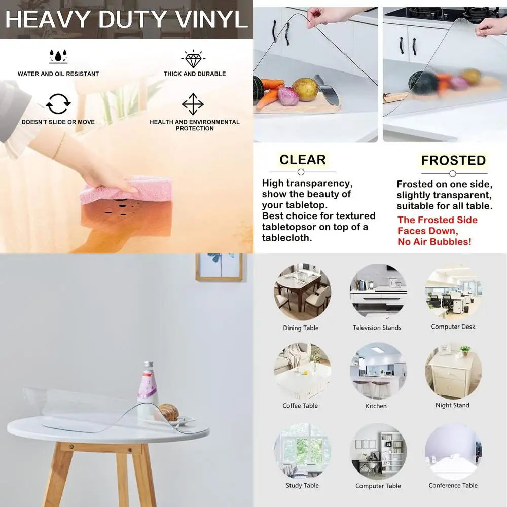 

60 Round Clear Plastic Tablecloth, 1.5mm Thick, Waterproof PVC Protector for Dining & Coffee Tables