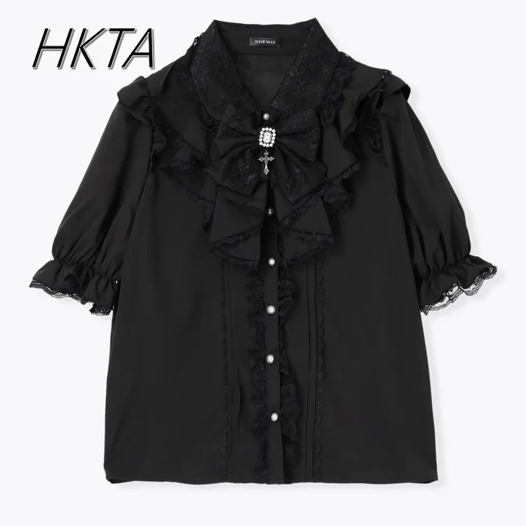 

Original Japanese New Shirt Women Mine Tie Sweet Lace Cute Bow Short Sleeve Blouse Top Ladies Summer New Camisas De Mujer
