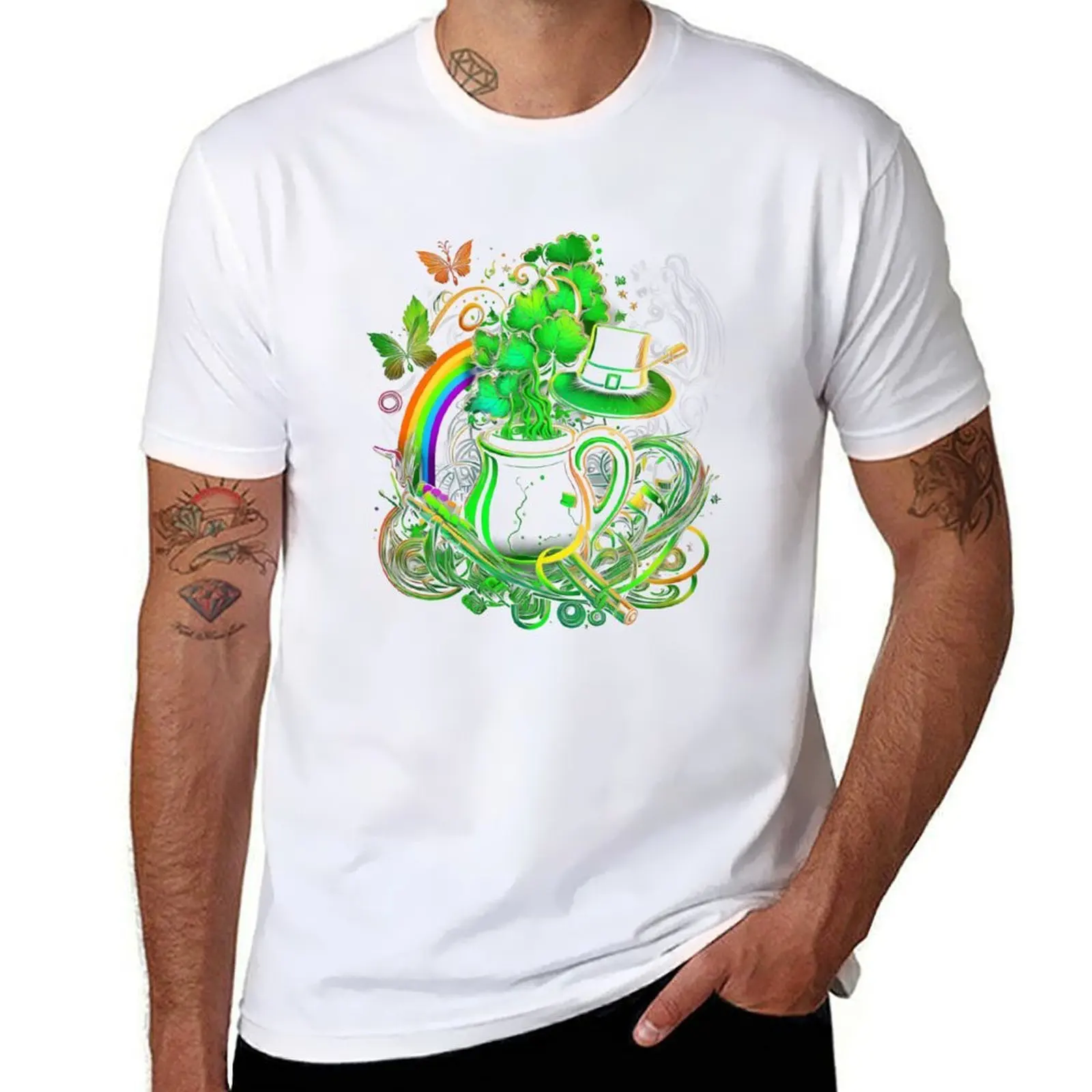 

A drawing of a pot of shamrocks and a rainbow T-Shirt t shirts for man graphic vintage man t shirt cotton high quality T-Shirt