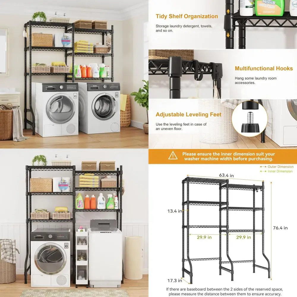 Estante de almacenamiento de alambre negro de 6 niveles para cuarto de lavado, lavadora secadora, 63,4 ancho x 17,3 profundidad x 76,4 alto, capacidad para 568 libras, con 4 ganchos