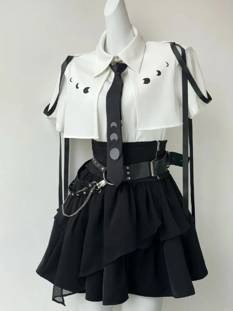 Gothic Style Elegant Top + Mini Cake Skirt + Corset Belt Three-Piece Set Women Casual Japanese Patchwork Bodycon Spring Summer view 2
