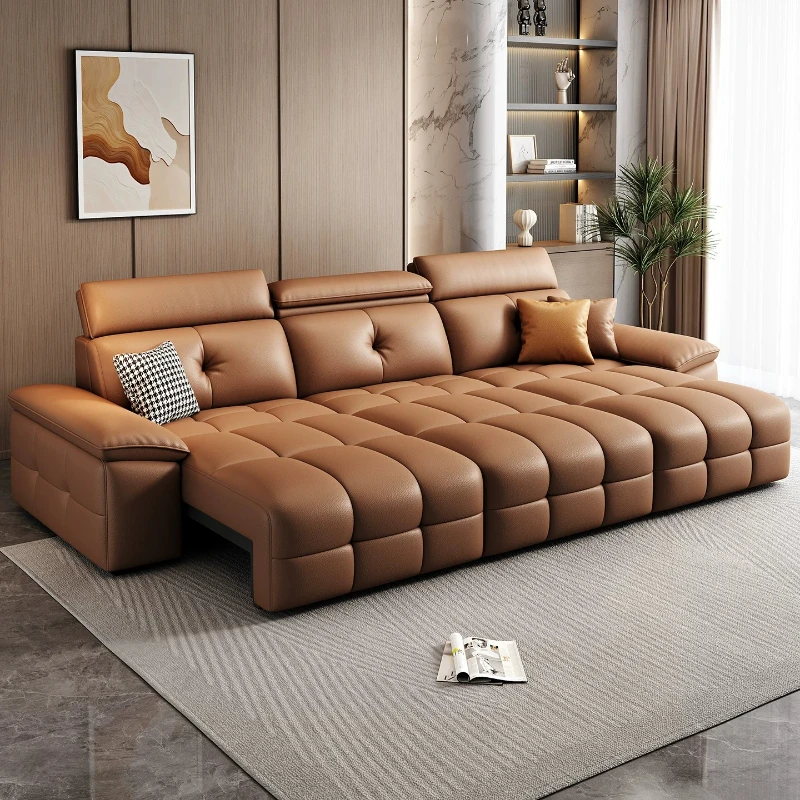 CX Italian minimalist electric leather sofa living room retractable multifunctional straight row sofa bed