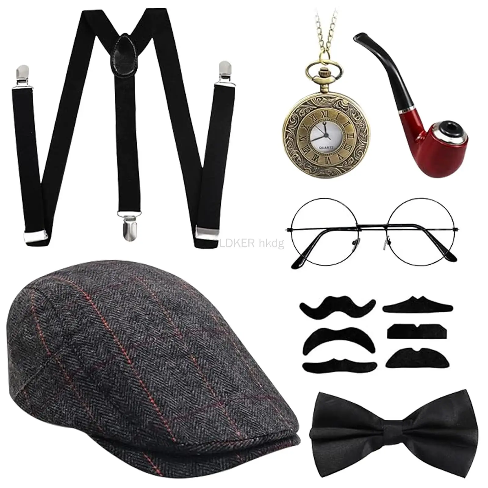 1920s Men's Costume, Roaring 20s Costumes Accessories Set Vest Foldable Hat Pocket Watch Tie Suspenders for Halloween Cosplay