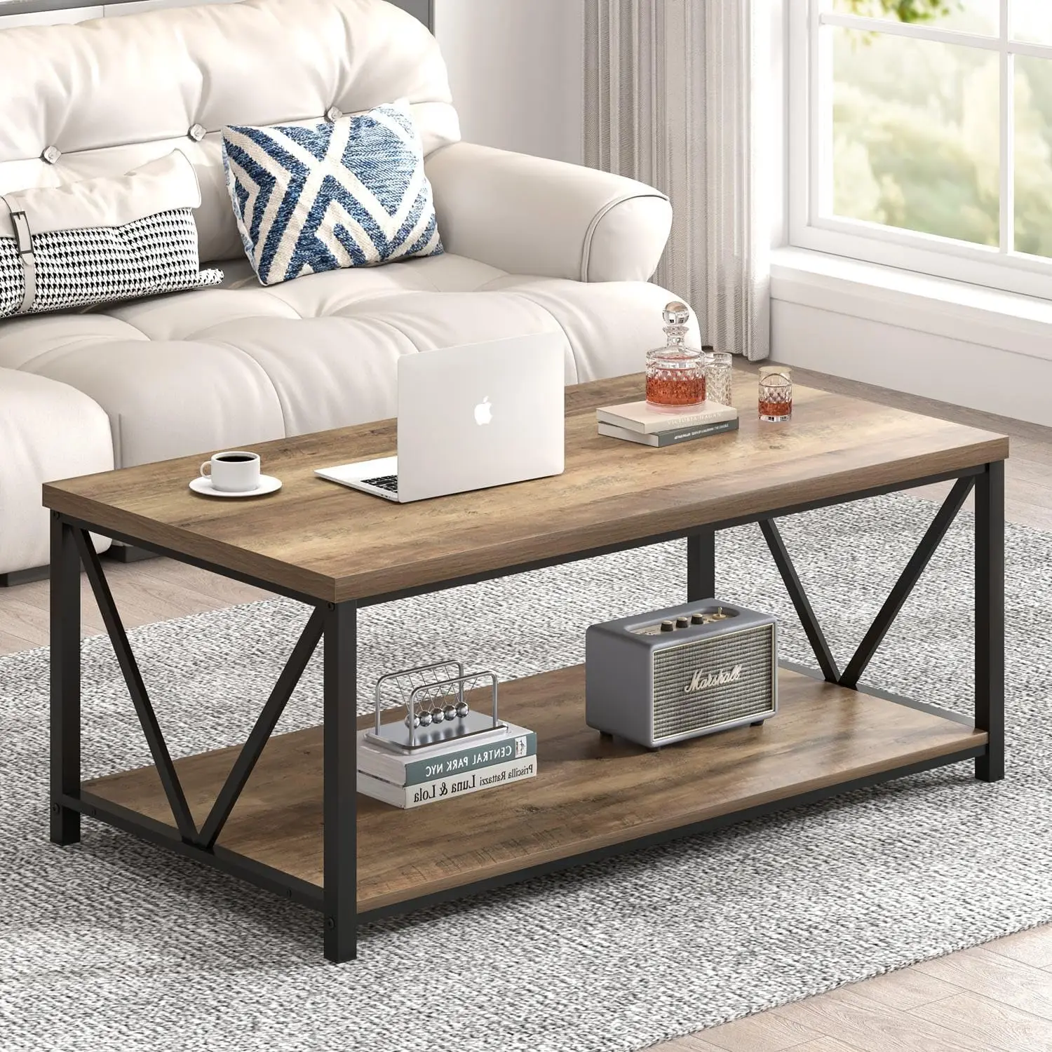 Foluban Coffee Table With Storage Shelf, Modern Industrial Metal And Wood Living Room Table, Small Rectangle Cocktail Tea Table