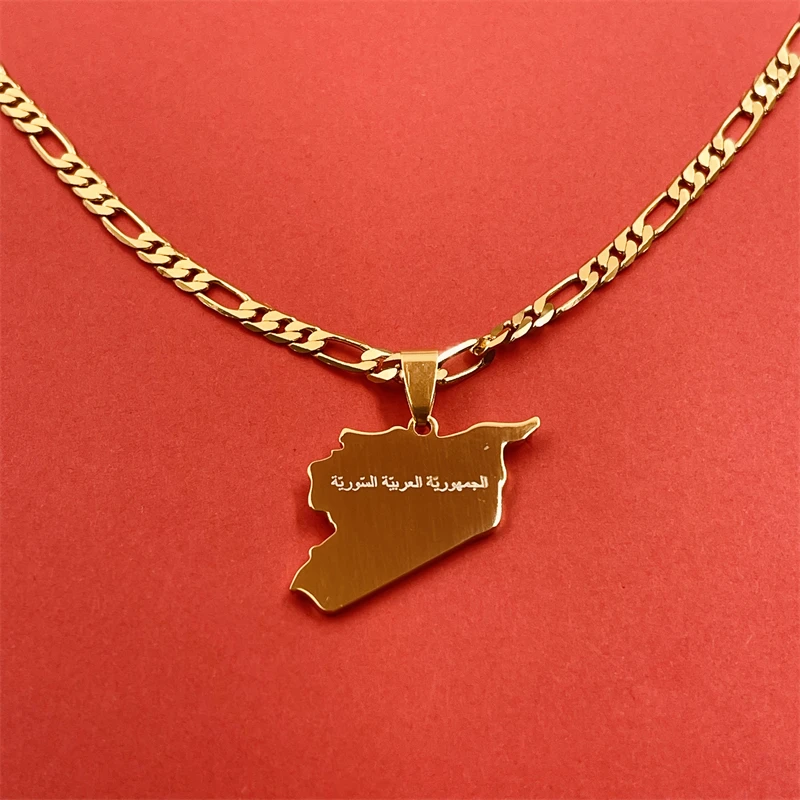 Gold Syria map pendant necklace with Arabic lettering and ethnic style stainless steel commemorative jewelry