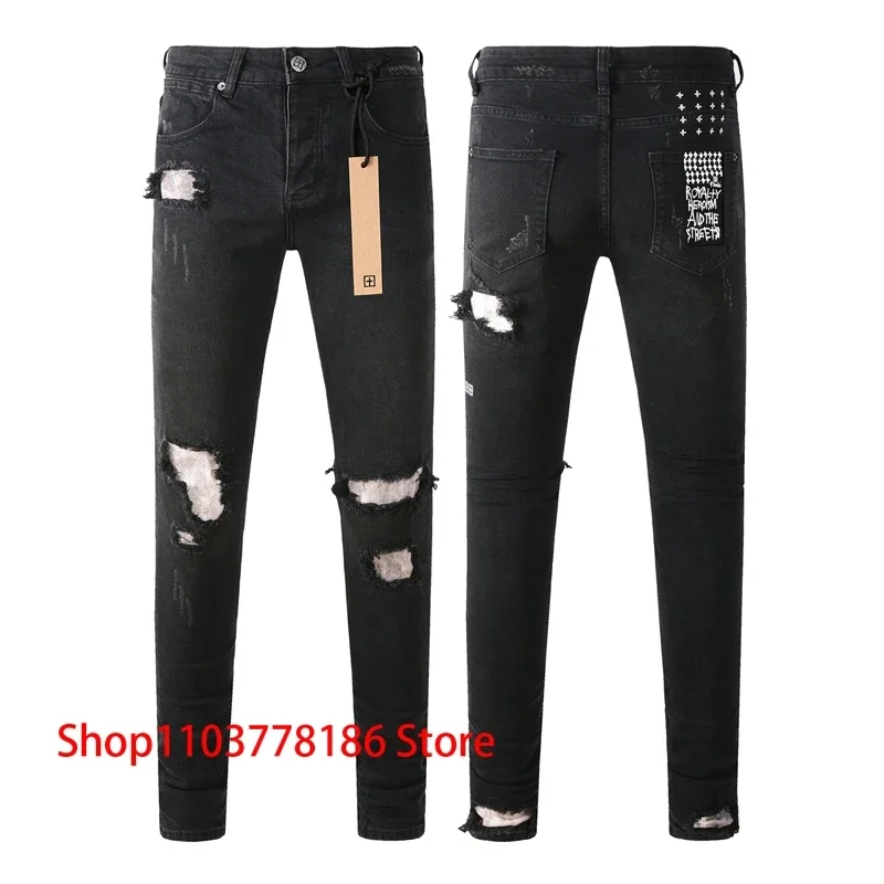 KSUBI Cross Jeans American Trend Streetwear Stretch Slimfit Denim Pants Pleated Ripped Black Small Feet Trousers Unisex