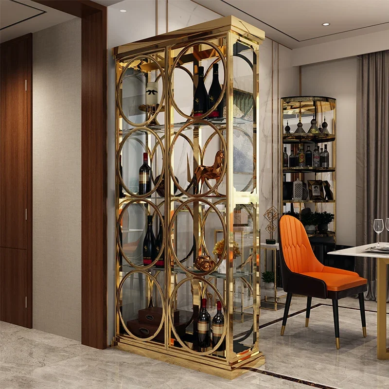 

Luxury stainless steel glass screen partition cabinet living room red wine ornaments display rack storage cabinets wine cabinets