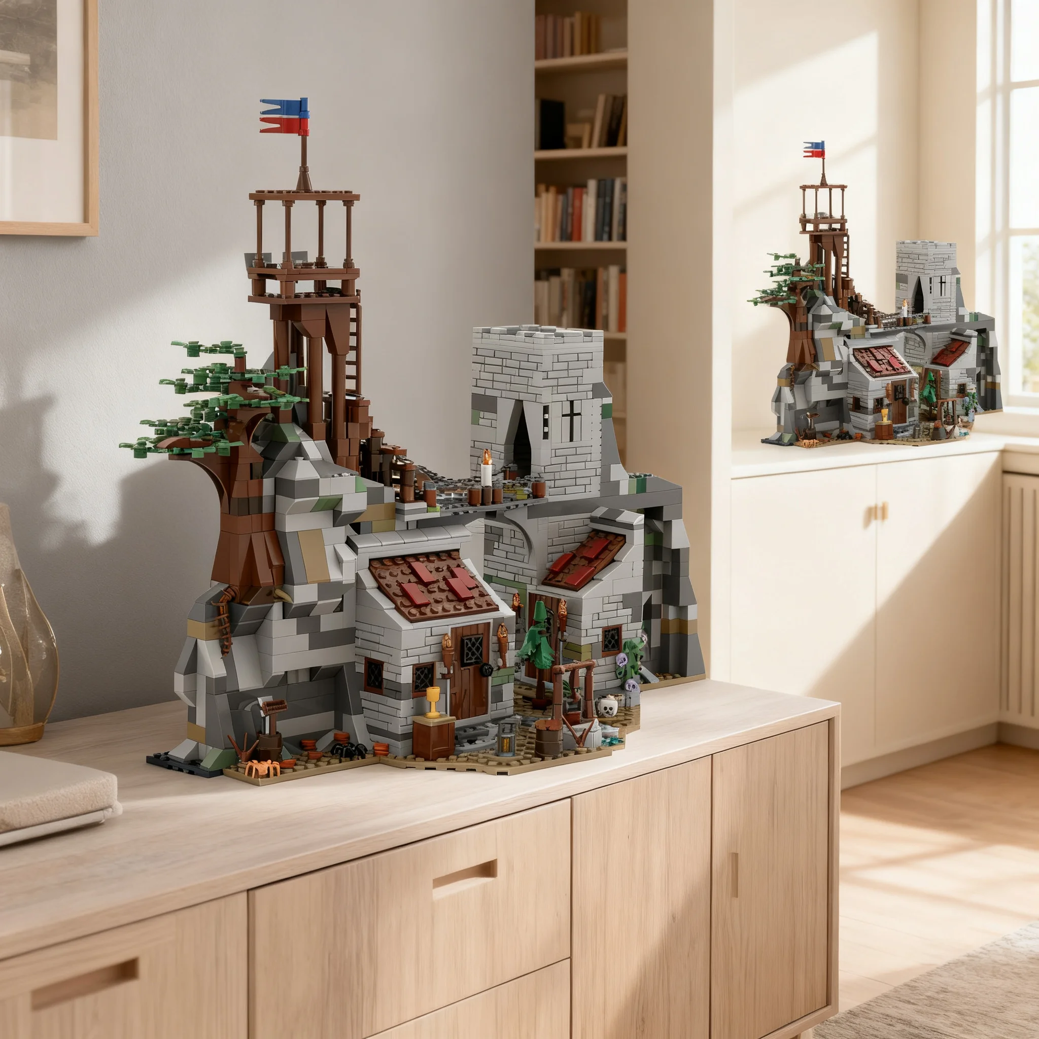 1047pcs MOC Castle mountain fortress Model Building Blocks Christmas Gift Display Art 3D Idea Education Craft Creative Brick