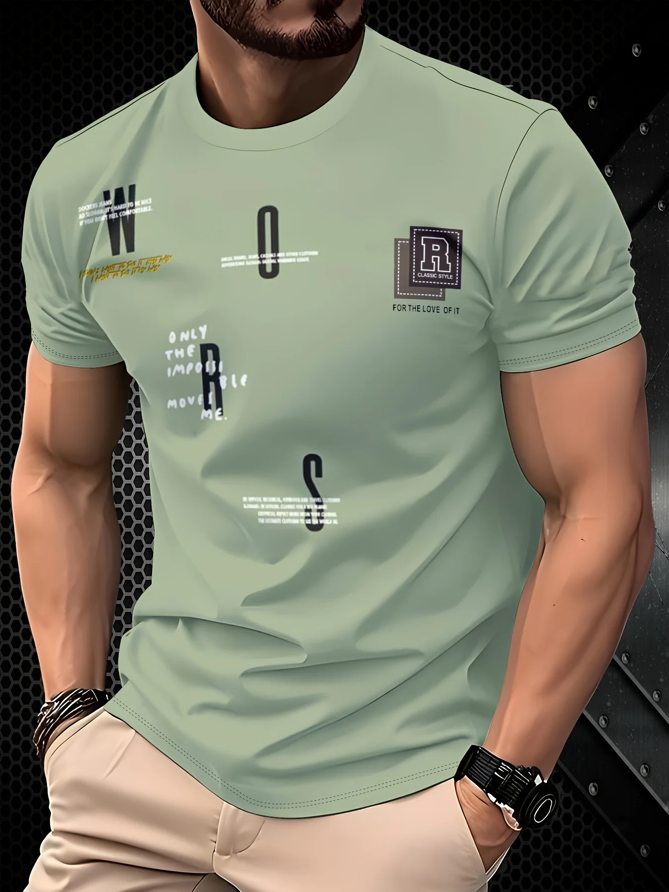 New men's short-sleeve T-shirt, loose-fitting and tailored with printed designs, versatile basic crew-neck top suitable for spri