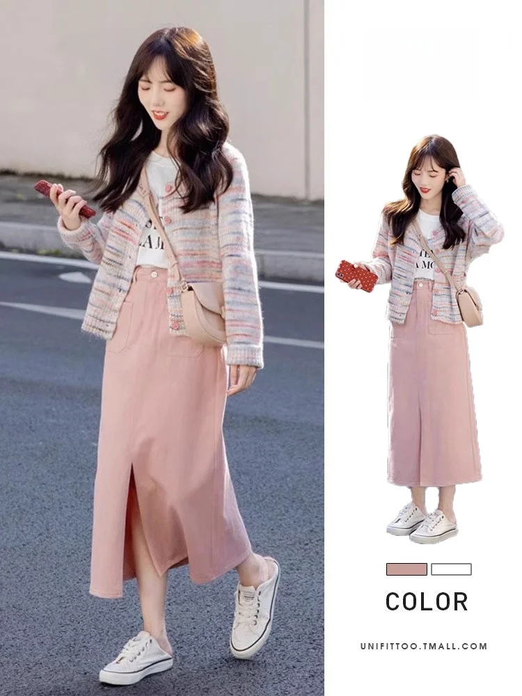 

Tea System Knitted Sweater And Skirt Two-Piece Set for Women plus Size High Waist Autumn Fashion Korean Style Loose Fit