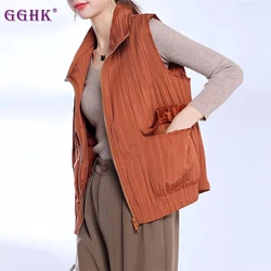 GGHK Miyake Pleated Fall and Winter Women Vest Vest Solid Color Lapel Zipper Pocket Design Casual Vintage Female Jacket