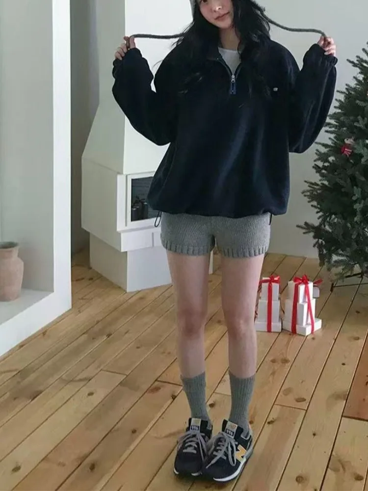 الكورية Sle عالية الخصر محبوك ort السراويل النسائية الخريف الشتاء فضفاض مستقيم الساق تصميم التخسيس تأثير بناطيل كاجوال #2