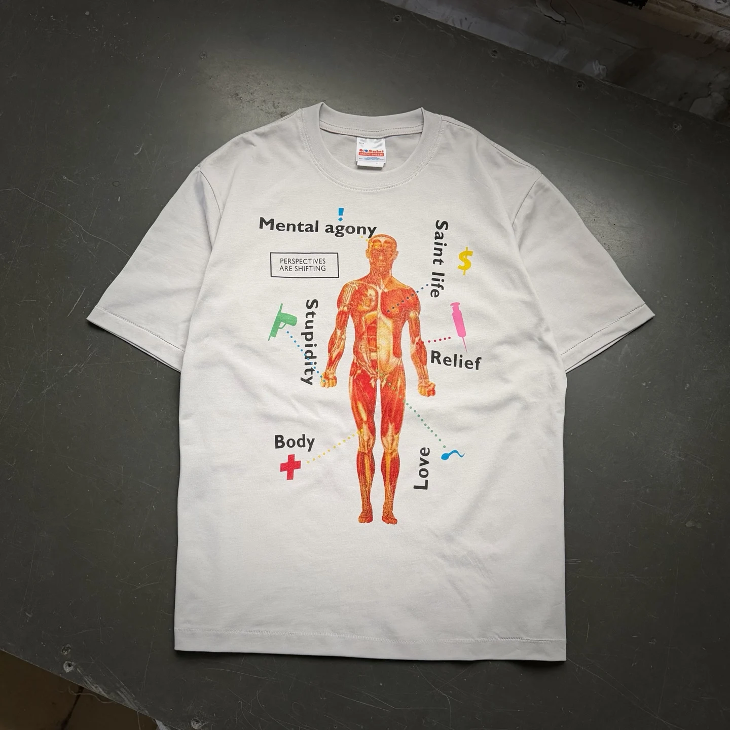 Summer SAINT Vintage Anatomical Pattern Printed High Street Casual Washed Short Sleeve Cotton Loose Trendy Oversize T-shirt Men