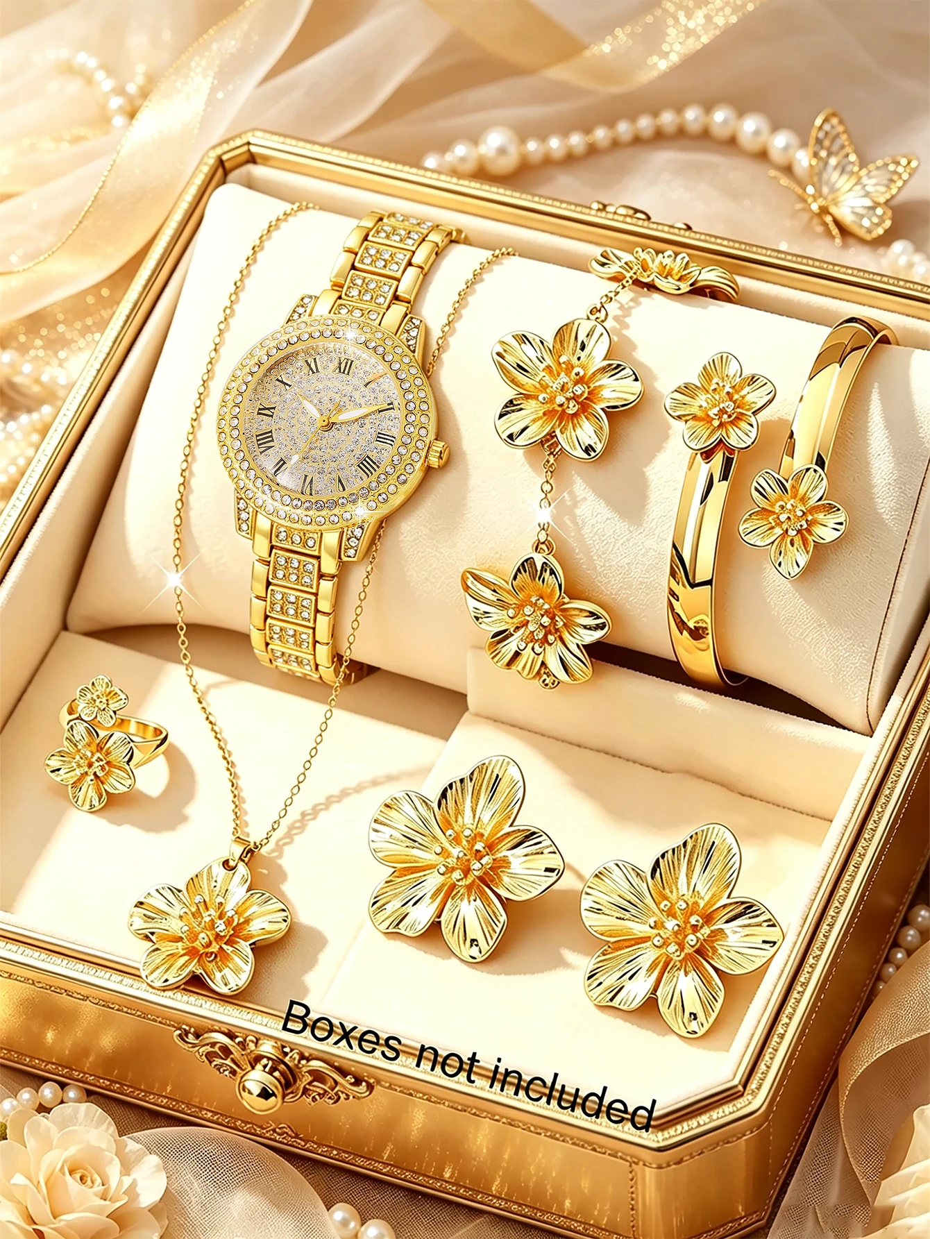 Ladies round Shell Embedded Quartz Watch Set with Floral Bracelet Necklace Ring Bracelet Earring - Festive Gift