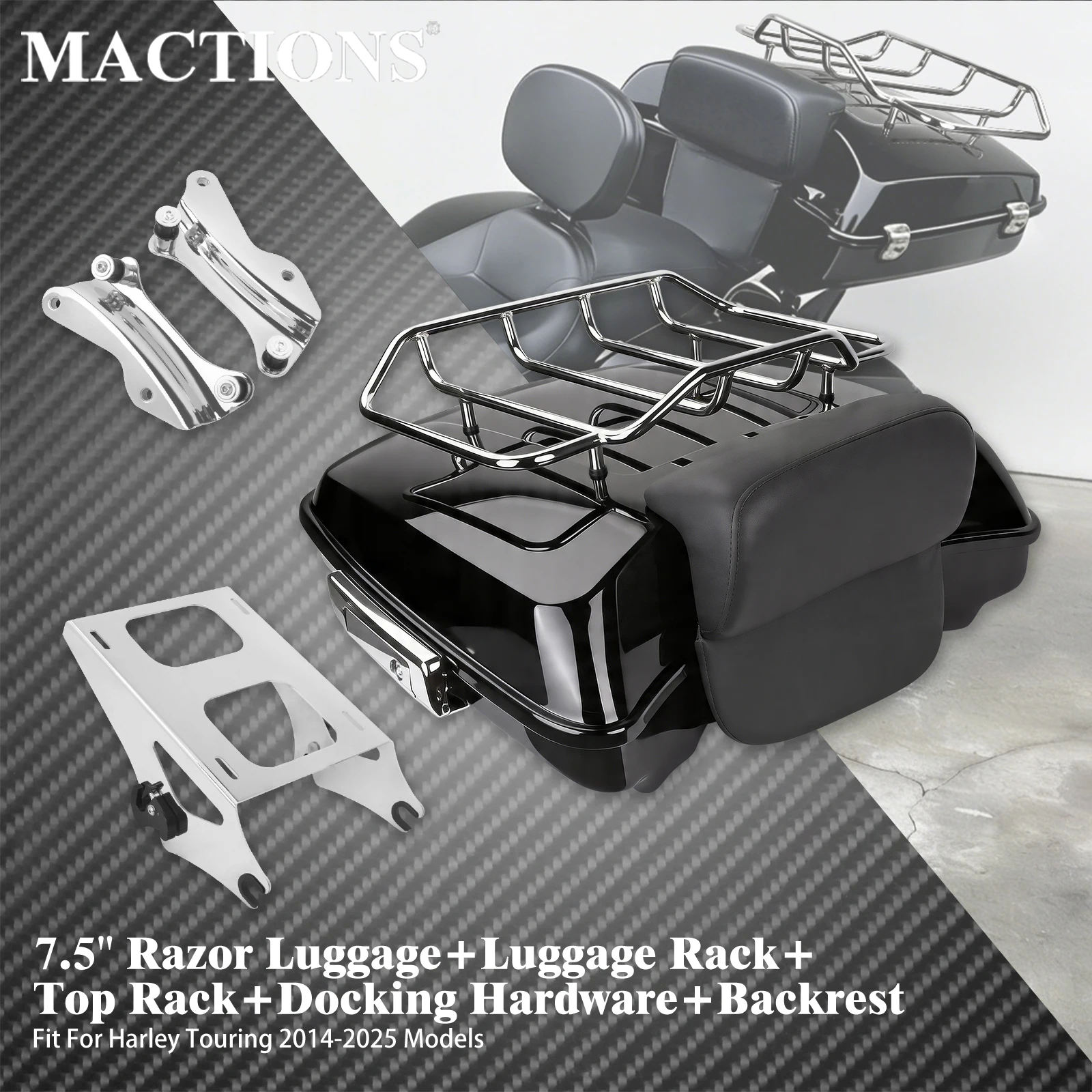 Motorcycle 7.5'' Razor Luggage Trunk Tail Box Backrest Mounting Rack Kit For Harley Touring 2014-2025 Road Street Electra Glide