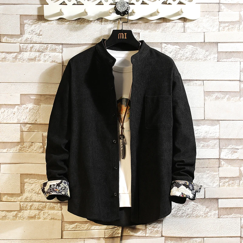 2026 Spring Chinese Style Shirt Men Long Sleeved Shirt Men Vintage Lapel Shirt Man Heavyweight Shirts Male Corduroy Shirt
