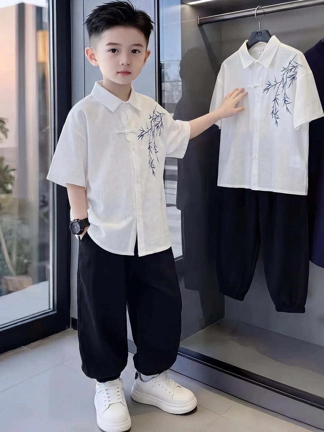 ensemble-de-chemises-a-manches-courtes-pour-garcons-coton-et-lin-broderie-hanfu-tenue-d'ete-respirante-anti-humidite-vetements-ethniques-pour-enfants