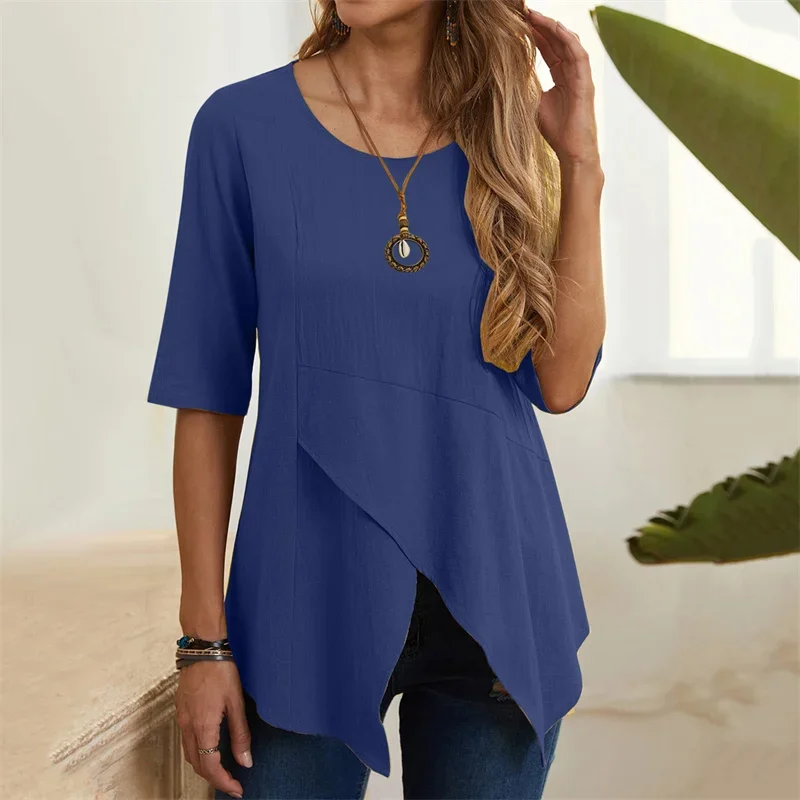 Elegant Irregular Splicing Hem T-Shirt Women Summer Solid Color Comfortable Casual Tops O Neck Pullover Half Sleeve Female Tees
