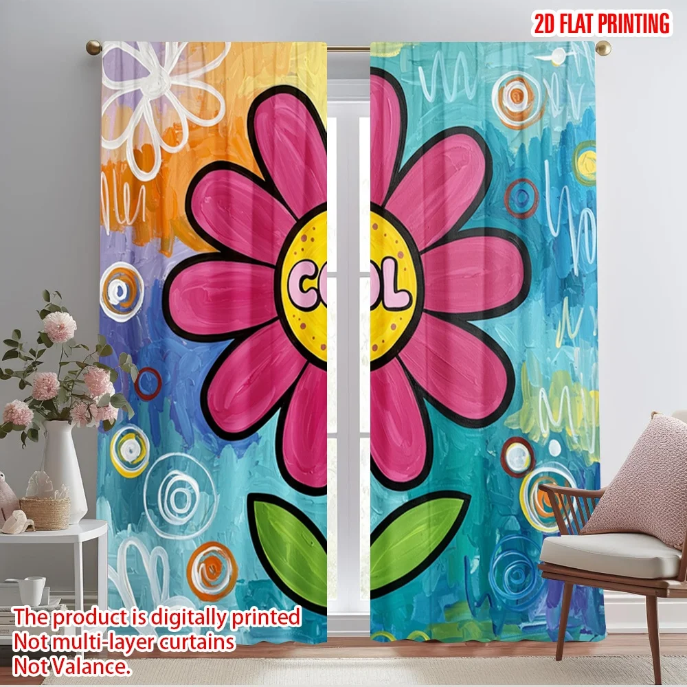 

2pcs 2D flat printing Window Drapes Cool Flower Polyester Without Electricity All Season Party & Holiday Decor Use for Holiday